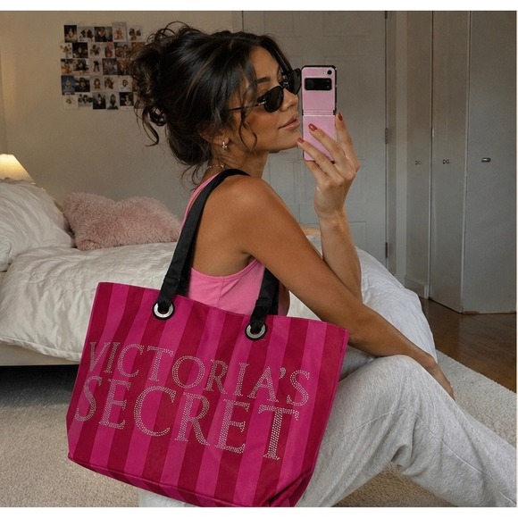 Victoria's Secret Handbags - NWT Victorias Secret Pink Red Stripe Rhinestone Logo Tote Bag Y2K inspired